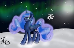 Size: 1229x800 | Tagged: safe, artist:nutmeg04, princess luna, alicorn, pony, g4, aurora borealis, ethereal mane, ethereal tail, female, looking at you, mare, snow, solo, starry background, tail