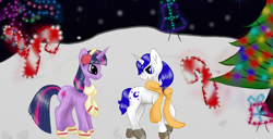 Size: 3050x1558 | Tagged: safe, artist:nutmeg04, twilight sparkle, oc, pony, unicorn, g4, candy, candy cane, christmas, christmas lights, christmas tree, clothes, earmuffs, female, food, holiday, looking back, male, mare, scarf, side view, snow, stallion, tree
