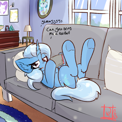 Size: 2000x2000 | Tagged: safe, artist:jubyskylines, trixie, pony, unicorn, g4, couch, high res, implied starlight glimmer, lazy, looking at you, lying down, nintendo switch, pillow, solo, window