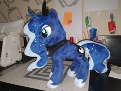 Size: 2048x1536 | Tagged: safe, artist:kiashone, princess luna, alicorn, pony, g4, female, folded wings, hoof shoes, horn, irl, jewelry, mare, peytral, photo, plushie, smiling, solo, standing, tiara, wings