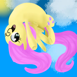 Size: 1024x1024 | Tagged: safe, artist:chandelurres, fluttershy, pegasus, pony, g4, cloud, female, flying, mare, one eye closed, open mouth, solo, spread wings, wings