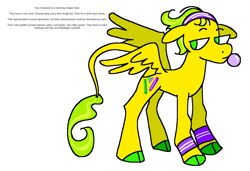 Size: 1316x900 | Tagged: safe, artist:msponies, oc, oc only, hybrid, mule, pegamule, blowing bubblegum, bubblegum, cloven hooves, headband, leonine tail, lidded eyes, ms paint, oc creator, perchance, simple background, solo, tail, text, white background, wristband