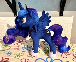 Size: 2048x1670 | Tagged: safe, artist:rtryart, princess luna, pony, g4, female, folded wings, hoof shoes, horn, irl, jewelry, mare, peytral, photo, plushie, solo, standing, tiara, wings