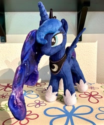 Size: 1700x2048 | Tagged: safe, artist:rtryart, princess luna, pony, g4, female, folded wings, hoof shoes, horn, irl, jewelry, mare, peytral, photo, plushie, solo, standing, tiara, wings