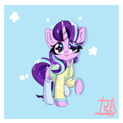 Size: 2000x2000 | Tagged: safe, artist:jubyskylines, starlight glimmer, pony, unicorn, g4, :3, :p, clothes, cute, eye clipping through hair, female, glimmerbetes, high res, hoodie, looking at you, mare, raised hoof, signature, smiling, smiling at you, socks, solo, tongue out