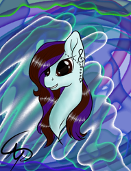 Size: 2000x2615 | Tagged: safe, artist:nutmeg04, oc, oc only, oc:nutmeg, earth pony, pony, bust, ear piercing, earring, earth pony oc, high res, jewelry, looking offscreen, multicolored hair, piercing, psychedelic, smiling, solo