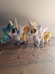 Size: 1536x2048 | Tagged: safe, artist:varonya, daybreaker, princess celestia, alicorn, pony, g4, duo, duo female, female, horn, irl, jewelry, mare, photo, plushie, spread wings, standing, tiara, wings