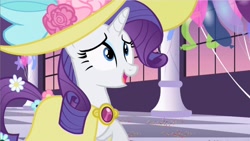 Size: 2560x1440 | Tagged: safe, screencap, rarity, pony, unicorn, g4, season 2, sweet and elite, balloon, clothes, dress, female, flower, flower in tail, giant hat, hat, open mouth, solo, tail