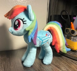Size: 2048x1876 | Tagged: safe, artist:buttercupbabyppg, rainbow dash, pegasus, pony, g4, female, folded wings, irl, mare, photo, plushie, smiling, solo, standing, wings