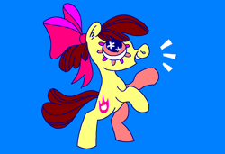 Size: 1296x886 | Tagged: safe, artist:msponies, apple bloom, earth pony, pony, g4, alternate cutie mark, apple bloom's bow, blue background, bow, female, filly, foal, hair bow, ms paint, open mouth, open smile, rearing, simple background, smiling, solo, the cmc's cutie marks