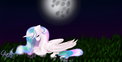 Size: 1366x698 | Tagged: safe, artist:nutmeg04, princess celestia, alicorn, pony, g4, crying, depressedia, female, lying down, mare, moon, night, prone, sad, simple background, solo