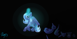 Size: 1366x698 | Tagged: safe, artist:nutmeg04, nightmare moon, princess luna, alicorn, pony, g4, armor, female, glowing, glowing horn, horn, looking offscreen, mare, punishment, s1 luna, side view, simple background, solo, walking