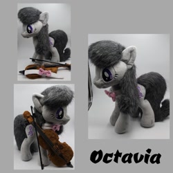 Size: 1080x1080 | Tagged: safe, artist:varonya, octavia melody, earth pony, pony, g4, bowtie, cello, female, gray background, irl, mare, musical instrument, photo, plushie, simple background, solo, standing