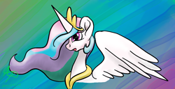 Size: 1366x698 | Tagged: safe, artist:nutmeg04, princess celestia, alicorn, pony, g4, female, flowing mane, gasping, jewelry, looking off, mare, regalia, side view, simple background, solo, spread wings, wings