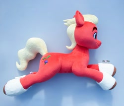 Size: 1600x1367 | Tagged: safe, artist:meplushyou, sprout cloverleaf, earth pony, pony, g5, commission, irl, life size, lying down, male, photo, plushie, prone, smiling, solo, stallion, unshorn fetlocks