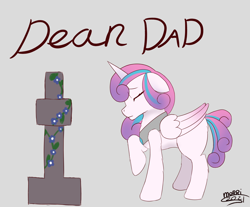 Size: 5724x4729 | Tagged: safe, artist:morrigun, princess flurry heart, alicorn, pony, g4, eyes closed, female, flower, gravestone, gray background, horn, implied death, implied shining armor, jewelry, mare, necklace, sad, simple background, solo, story included, wings