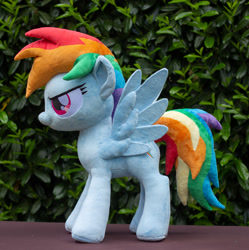 Size: 3117x3134 | Tagged: safe, artist:rtryart, rainbow dash, pegasus, pony, g4, female, high res, irl, mare, outdoors, photo, plushie, smiling, solo, spread wings, standing, wings