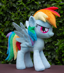 Size: 2775x3153 | Tagged: safe, artist:rtryart, rainbow dash, pegasus, pony, g4, female, high res, irl, mare, outdoors, photo, plushie, smiling, solo, spread wings, standing, wings