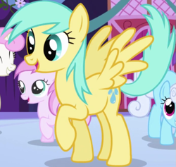 Size: 695x658 | Tagged: safe, screencap, linky, piña colada, shoeshine, sunshower raindrops, twinkleshine, pegasus, pony, friendship is magic, g4, background character, background pony, cropped, female, mare, solo focus, spread wings, wings