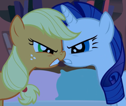Size: 909x763 | Tagged: safe, screencap, applejack, rarity, earth pony, pony, unicorn, g4, look before you sleep, season 1, angry, cropped, cute, duo, duo female, eye contact, female, frown, glare, golden oaks library, gritted teeth, jackabetes, looking at each other, looking at someone, madorable, mare, now kiss, raribetes, staredown, teeth