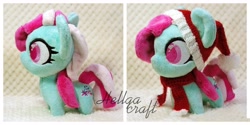 Size: 4096x2043 | Tagged: safe, artist:hellgacraft, minty, earth pony, pony, g3, chibi, christmas, female, hat, heart, heart eyes, holiday, irl, mare, photo, plushie, santa hat, solo, standing, wingding eyes