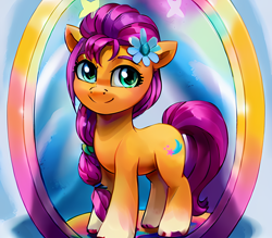 Size: 2560x2240 | Tagged: safe, ai assisted, ai content, artist:felisamafeles, derpibooru exclusive, editor:felisamafeles, generator:stable diffusion, sunny starscout, earth pony, pony, g5, cute, female, filly, filly sunny starscout, flower, flower in hair, foal, gouache, high res, mirror, solo, traditional art, younger