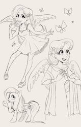 Size: 1303x2048 | Tagged: safe, artist:misskali, edit, fluttershy, butterfly, human, pegasus, pony, g4, clothes, dress, female, flower, flower in hair, humanized, monochrome, sketch, traditional art, winged humanization, wings