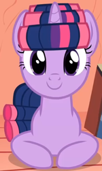 Size: 362x604 | Tagged: safe, screencap, twilight sparkle, pony, unicorn, g4, look before you sleep, season 1, book, cropped, cute, female, golden oaks library, hair curlers, looking at you, lying down, mare, ponyloaf, prone, sitting, solo, twiabetes, unicorn twilight