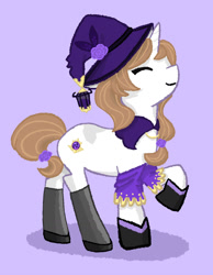 Size: 1131x1461 | Tagged: safe, artist:simplesugarr, pony, clothes, eyes closed, hat, lisa (geshin impact), ponified, purple background, shoes, simple background, socks, witch hat