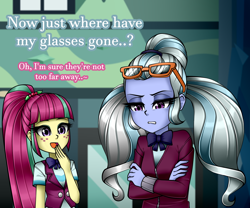 Size: 1200x1000 | Tagged: safe, artist:nekojackun, sour sweet, sugarcoat, equestria girls, g4, bowtie, clothes, crystal prep academy uniform, dialogue, duo, female, freckles, glasses, gritted teeth, open mouth, school uniform, shadowbolts, shirt, teeth