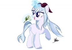 Size: 1059x740 | Tagged: safe, artist:infinity_tran, pony, flower, ganyu (genshin impact), genshin impact, open mouth, ponified, simple background, white background