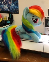 Size: 1250x1590 | Tagged: safe, artist:buttercupbabyppg, rainbow dash, pegasus, pony, g4, female, folded wings, irl, lidded eyes, mare, photo, plushie, sitting, smiling, solo, wings