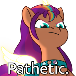 Size: 720x720 | Tagged: safe, edit, edited screencap, screencap, sunny starscout, alicorn, pony, g5, mission imponable, my little pony: tell your tale, spoiler:g5, spoiler:my little pony: tell your tale, spoiler:tyts01e49, artificial horn, artificial wings, augmented, background removed, female, frown, horn, looking at you, looking down, looking down at you, magic, magic horn, magic wings, mane stripe sunny, mare, meme, pathetic, race swap, simple background, solo, species swap, sunnycorn, transparent background, wings