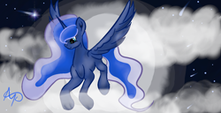 Size: 1366x698 | Tagged: safe, artist:nutmeg04, princess luna, alicorn, pony, g4, female, flying, full moon, looking down, mare, missing accessory, moon, solo, spread wings, starry background, tail, wavy mane, wavy tail, wings