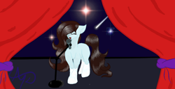 Size: 1366x698 | Tagged: safe, artist:nutmeg04, oc, oc only, oc:nutmeg, earth pony, pony, curtains, earth pony oc, female, mare, microphone, simple background, singing, solo, stage