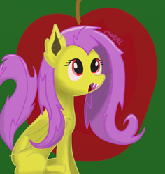 Size: 944x1002 | Tagged: safe, artist:morrigun, fluttershy, bat pony, pegasus, pony, g4, apple, bat ponified, bat wings, fangs, female, flutterbat, food, mare, old art, race swap, solo, wings