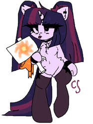 Size: 764x1024 | Tagged: safe, artist:cutiesparke, twilight sparkle, pony, semi-anthro, g4, :p, alternate design, alternate hairstyle, alternate universe, arm hooves, belly button, bracelet, butt fluff, chest fluff, choker, chokertwi, clothes, ear fluff, ear piercing, earring, female, horn, horn jewelry, jewelry, piercing, raised leg, ribbon, sign, solo, stockings, sun, thigh highs, tongue out, unamused