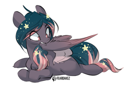 Size: 1943x1375 | Tagged: safe, artist:kez, oc, oc only, oc:star universe, pegasus, pony, cute, ethereal mane, female, fluffy, grooming, mare, missing cutie mark, pegasus oc, preening, simple background, solo, spread wings, starry mane, white background, wings