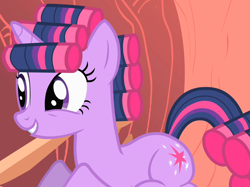 Size: 896x669 | Tagged: safe, screencap, twilight sparkle, pony, unicorn, g4, look before you sleep, season 1, cropped, cute, female, golden oaks library, grin, hair curlers, mare, smiling, solo, twiabetes, unicorn twilight