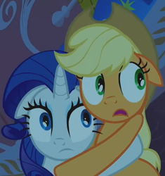 Size: 530x565 | Tagged: safe, screencap, applejack, rarity, earth pony, pony, unicorn, g4, look before you sleep, season 1, duo, duo female, female, golden oaks library, hug, mare