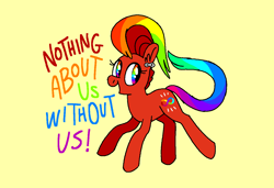 Size: 1316x900 | Tagged: safe, artist:msponies, oc, oc only, earth pony, pony, autism, autism acceptance month, female, infinity symbol, mare, ms paint, multicolored hair, neurodivergent, open mouth, open smile, ponified, rainbow hair, rainbow tail, redinstead, rule 85, simple background, smiling, tail, yellow background