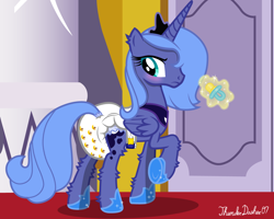 Size: 1280x1024 | Tagged: safe, alternate version, artist:thunderdasher07, derpibooru exclusive, princess luna, alicorn, pony, g4, april fools 2023, blushing, crescent moon, crown, diaper, diaper butt, diaper fetish, diapered, door, ear fluff, female, fetish, hallway, hoof shoes, implied princess celestia, jewelry, leg fluff, levitation, magic, magic aura, mare, moon, multiple variants, non-baby in diaper, pacifier, peytral, pillar, plushie, poofy diaper, raised hoof, rear view, regalia, s1 luna, show accurate, solo, tail, tail hole, teddy bear, telekinesis