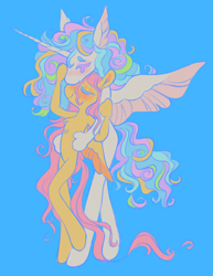 Size: 740x958 | Tagged: safe, artist:peaceandlove26, fluttershy, princess celestia, alicorn, pegasus, pony, semi-anthro, g4, blue background, blushing, duo, eyestrain warning, female, hug, lesbian, ship:flutterlestia, shipping, simple background