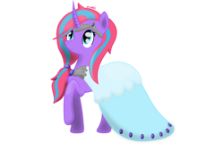Size: 1600x1200 | Tagged: safe, artist:morrigun, oc, oc only, pony, unicorn, clothes, crown, dress, female, gem, horn, jewelry, mare, old art, ponytail, regalia, simple background, solo, white background