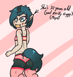 Size: 954x1000 | Tagged: safe, artist:lazerblues, oc, oc only, oc:mistake, changeling, satyr, ass, bra, butt, changeling oc, clothes, female, horn, kirby, kirby (series), offspring, panties, parent:queen chrysalis, ponytail, solo, underwear