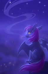 Size: 1500x2300 | Tagged: safe, artist:scheadar, oc, oc only, bat pony, pony, bat pony oc, cigarette, ear piercing, earring, female, jewelry, lidded eyes, mare, night, piercing, sitting, smoking, solo, stars