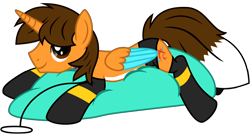 Size: 10487x5631 | Tagged: safe, artist:ejlightning007arts, oc, oc:ej, alicorn, fox, fox pony, hybrid, pony, g4, alicorn oc, base used, black underwear, clothes, collar, colored wings, horn, leash, lying down, male, pillow, sex slave, sexy, slave, socks, solo, stallion, underwear, wings