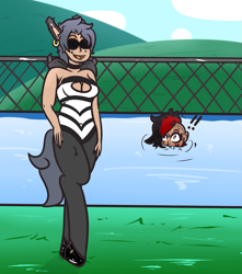 Size: 885x1000 | Tagged: safe, artist:lazerblues, oc, oc:bella, oc:yuzu, satyr, blushing, clothes, ear piercing, implied lesbian, offspring, parent:oc:miss eri, piercing, sunglasses, swimming pool, swimsuit, wings