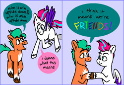 Size: 1316x900 | Tagged: safe, artist:msponies, hitch trailblazer, zipp storm, earth pony, pegasus, pony, g5, 2 panel comic, comic, dialogue, duo, duo male and female, female, folded wings, friendshipping, heart, hoofbump, looking at each other, looking at someone, looking down, looking up, male, mare, mlm, ms paint, open mouth, open smile, smiling, speech bubble, spread wings, stallion, tail, unshorn fetlocks, wings, wlw