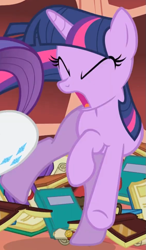 Size: 561x961 | Tagged: safe, screencap, rarity, twilight sparkle, pony, unicorn, g4, season 1, sonic rainboom (episode), book, bookshelf, butt, butt bump, butt smash, context is for the weak, cropped, eyes closed, female, mare, now go on, offscreen character, open mouth, out of context, plot, pushing, rump push, solo focus, unicorn twilight